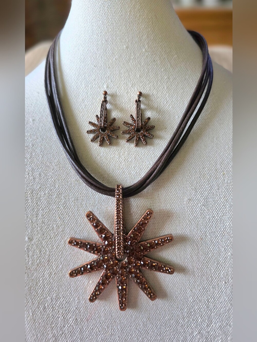 Western Bronze Spur Rowel Crystal PavƩ Pendant Necklace & Drop Earrings Set